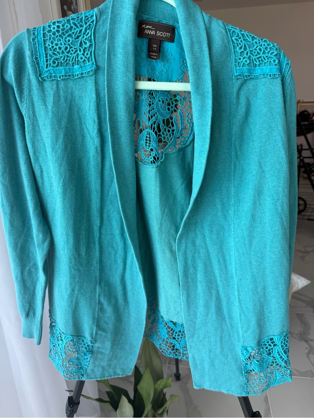 Anna Scott Turquoise Crochet Lace Open Front Cardigan Size Medium